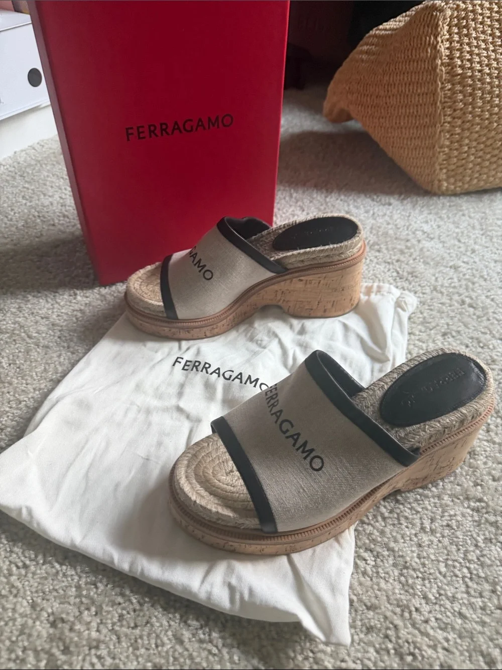 Salvatore Ferragamo Beige and Black Canvas Espadrille Wedge Slides